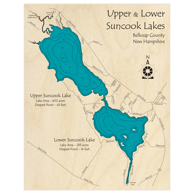 Bathymetric topo map of Suncook Lakes (Upper and Lower Lakes) with roads, towns and depths noted in blue water