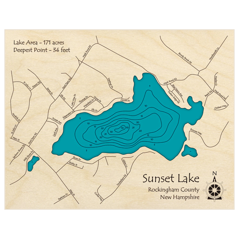 Bathymetric topo map of Sunset Lake with roads, towns and depths noted in blue water