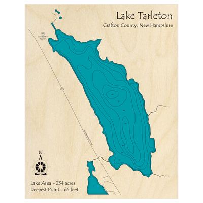 Bathymetric topo map of Lake Tarleton with roads, towns and depths noted in blue water