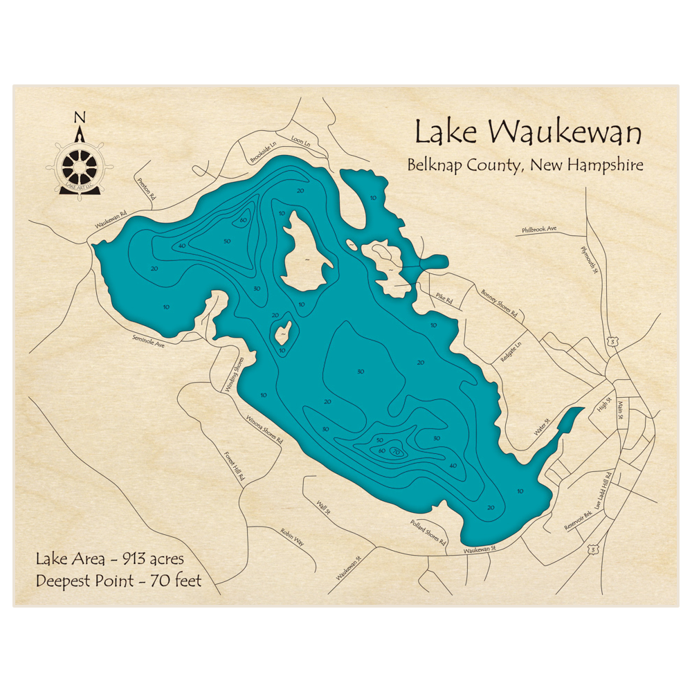 Bathymetric topo map of Lake Waukewan with roads, towns and depths noted in blue water
