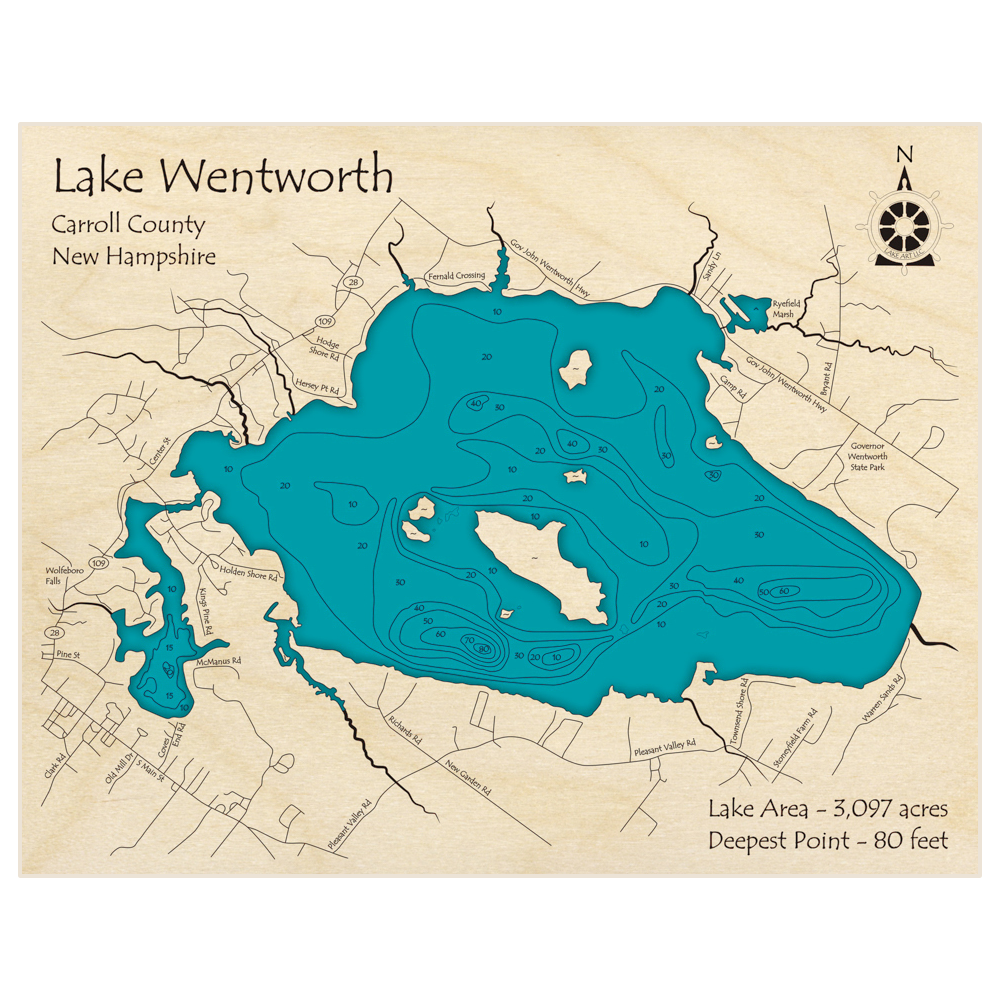 Bathymetric topo map of Lake Wentworth with roads, towns and depths noted in blue water