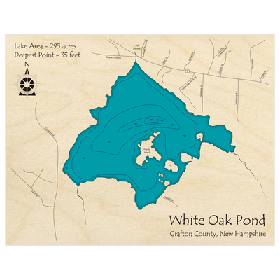 Bathymetric topo map of White Oak Pond with roads, towns and depths noted in blue water