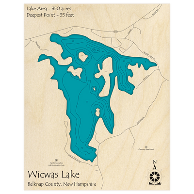 Bathymetric topo map of Wicwas Lake with roads, towns and depths noted in blue water