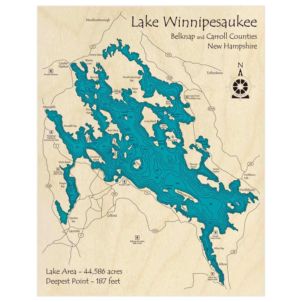 Bathymetric topo map of Lake Winnipesaukee with roads, towns and depths noted in blue water