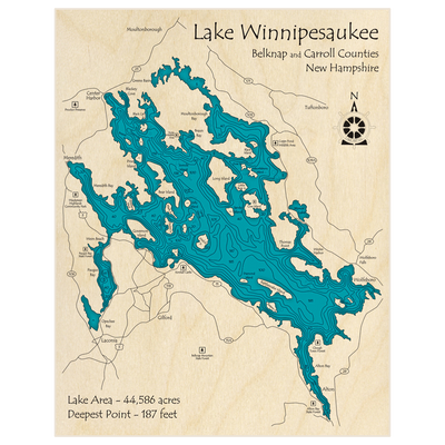 Bathymetric topo map of Lake Winnipesaukee with roads, towns and depths noted in blue water