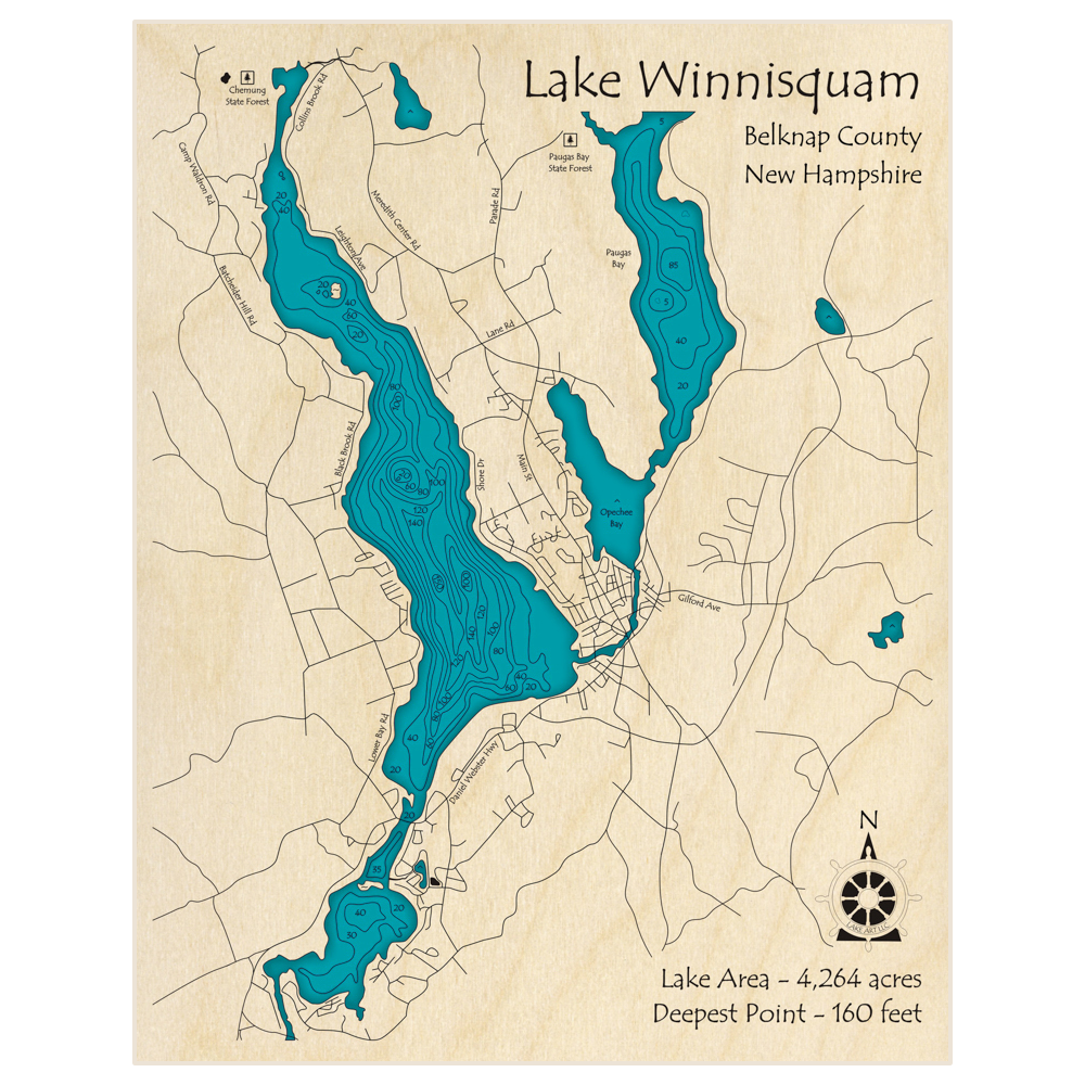 Bathymetric topo map of Lake Winnisquam with roads, towns and depths noted in blue water