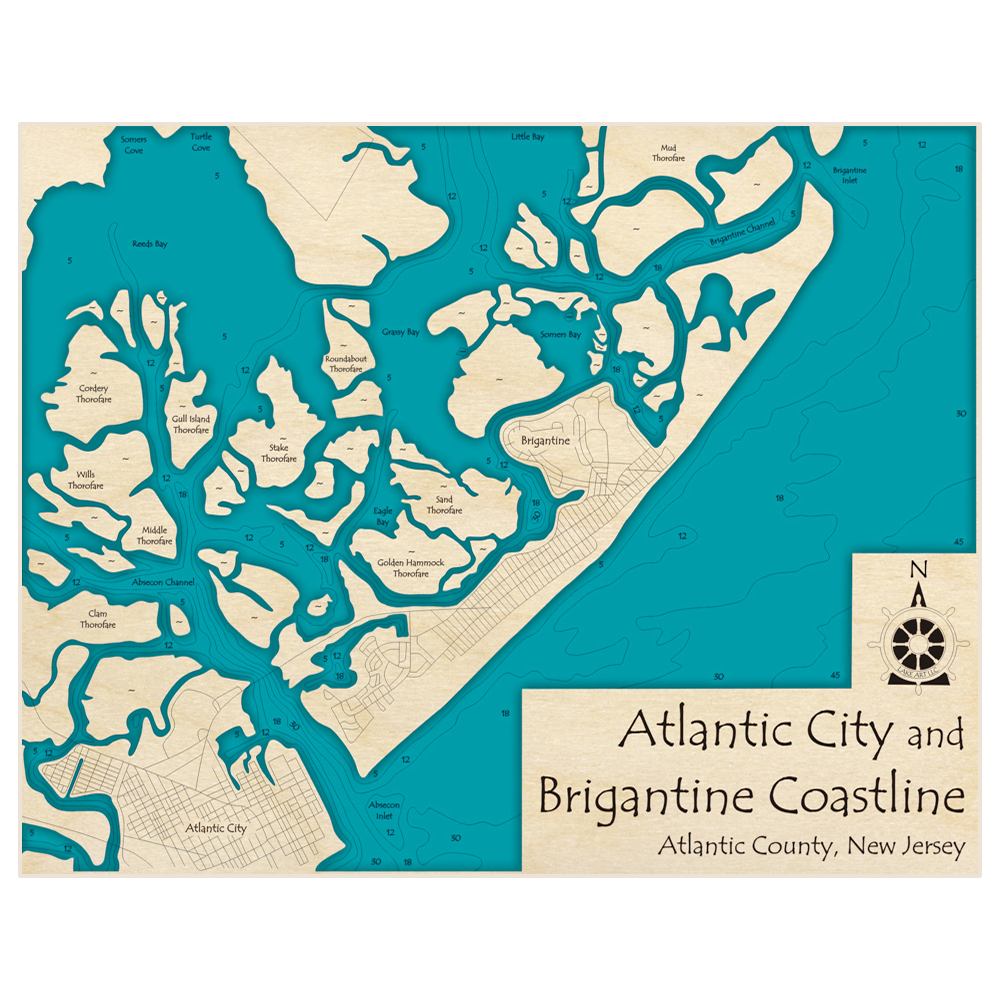 Bathymetric topo map of Atlantic City - Brigantine Coastline with roads, towns and depths noted in blue water