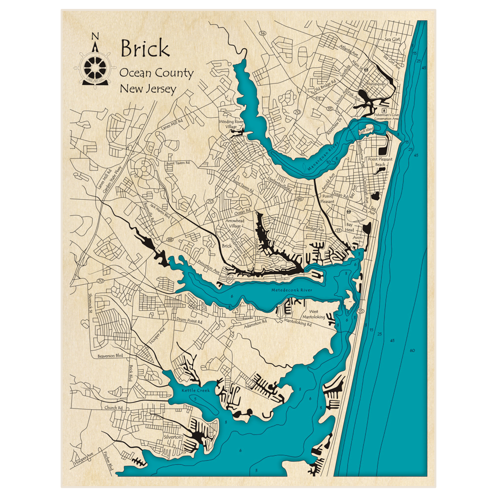 Bathymetric topo map of Brick Township Region with roads, towns and depths noted in blue water