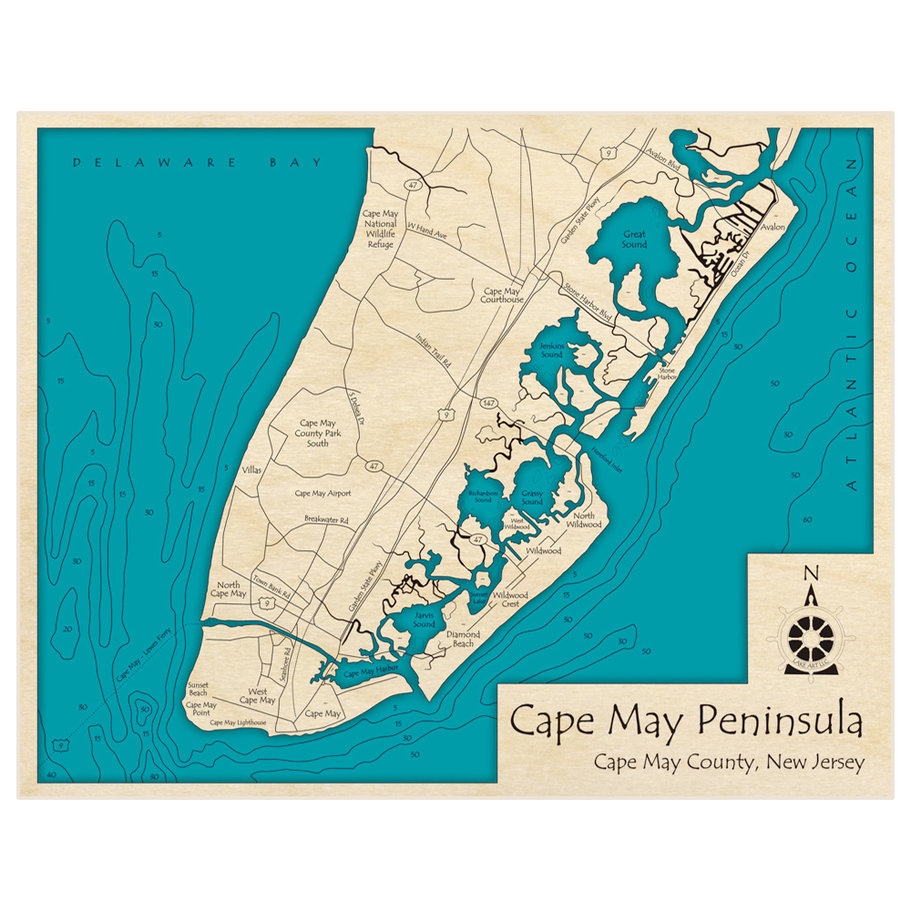 Bathymetric topo map of Cape May Peninsula (from Cape May to Avalon) with roads, towns and depths noted in blue water