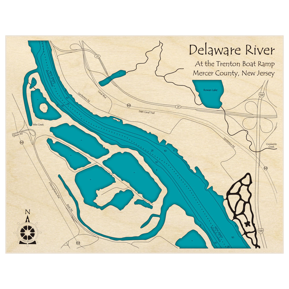 Bathymetric topo map of Delaware River at Trenton Boat Ramp with roads, towns and depths noted in blue water
