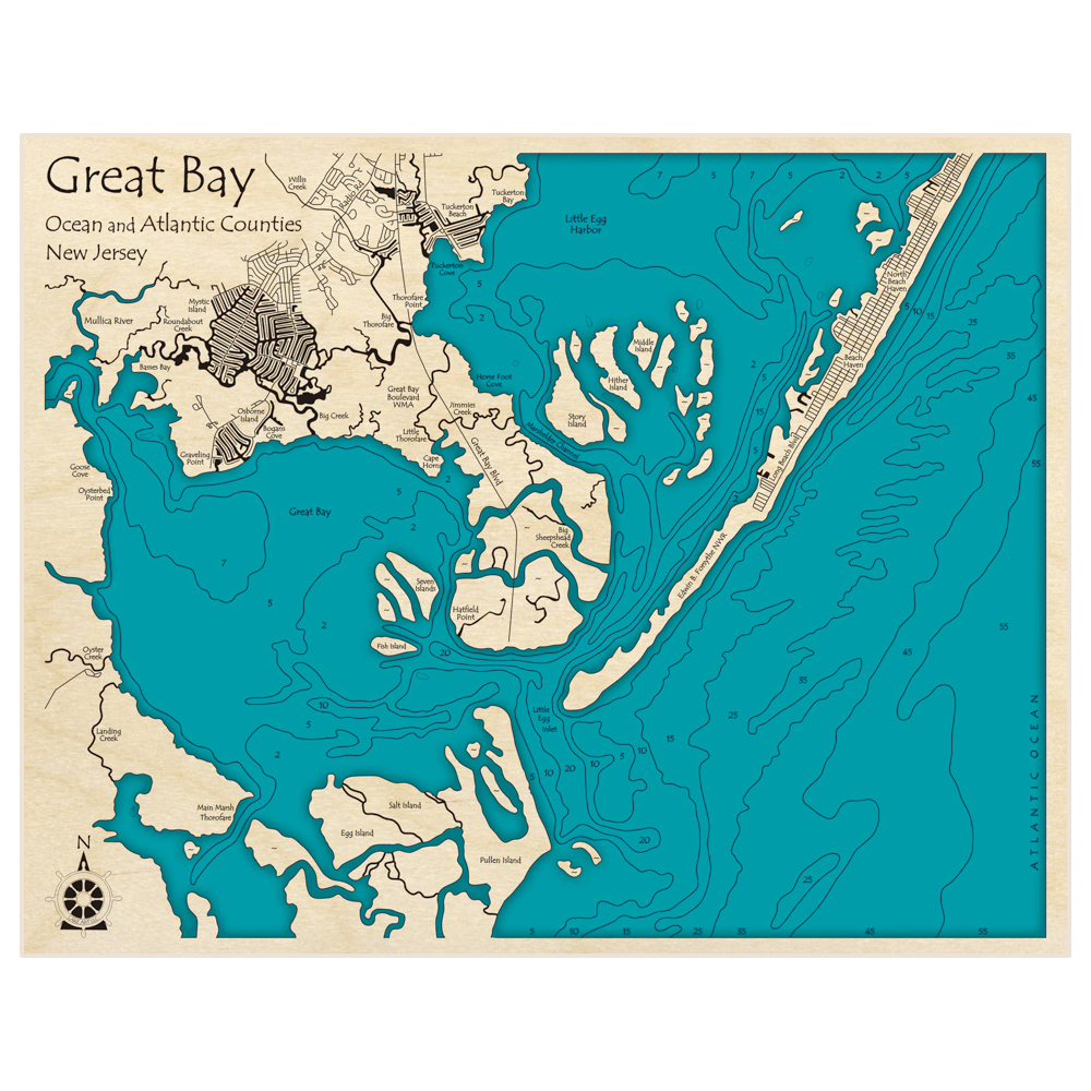 Bathymetric topo map of Great Bay (Expanded) with roads, towns and depths noted in blue water