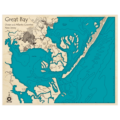 Bathymetric topo map of Great Bay (Expanded) with roads, towns and depths noted in blue water