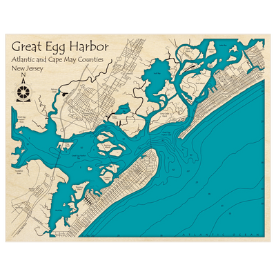Bathymetric topo map of Great Egg Harbor with roads, towns and depths noted in blue water