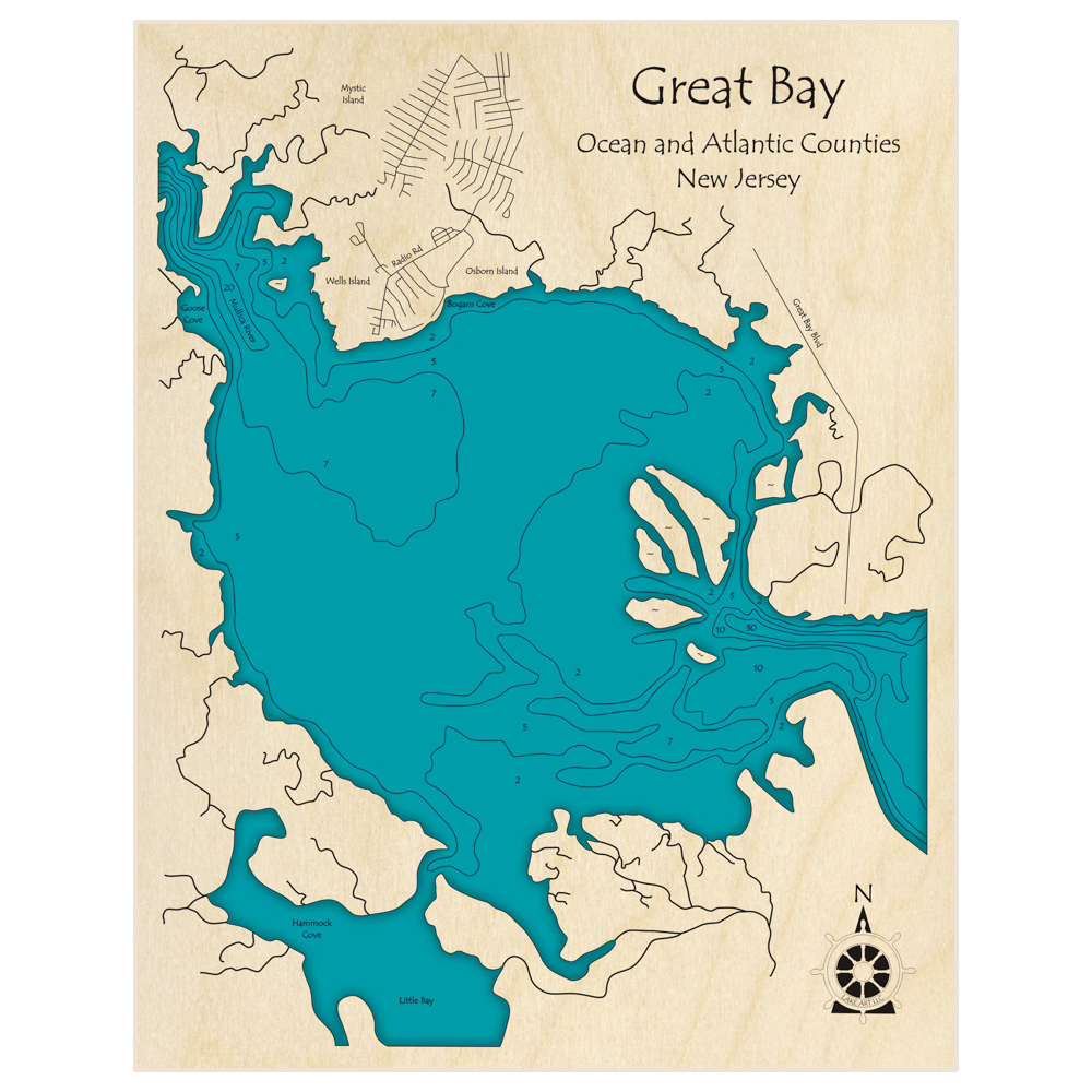 Bathymetric topo map of Great Bay with roads, towns and depths noted in blue water