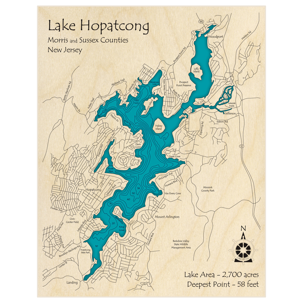Bathymetric topo map of Lake Hopatcong with roads, towns and depths noted in blue water