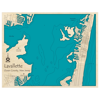 Bathymetric topo map of Lavallette (Zoomed In) with roads, towns and depths noted in blue water