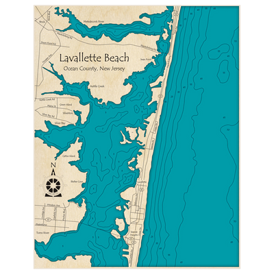 Bathymetric topo map of Lavallette Beach (From Metedeconk River To Toms River) with roads, towns and depths noted in blue water
