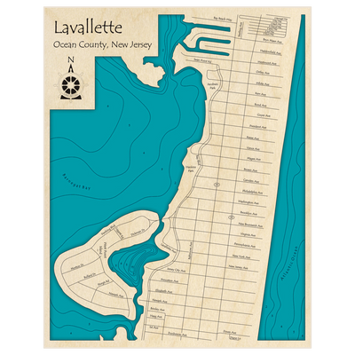 Bathymetric topo map of Lavallette (zoomed from Bryn Mawr Ave to Dover Ave) with roads, towns and depths noted in blue water