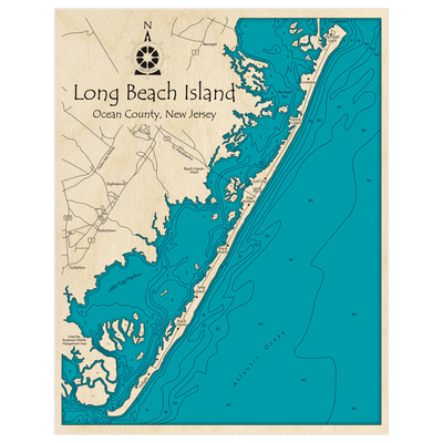 Bathymetric topo map of Long Beach Island with roads, towns and depths noted in blue water