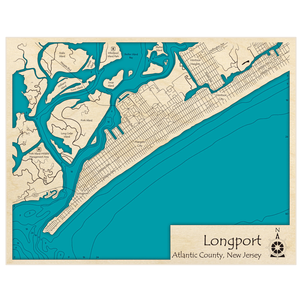 Bathymetric topo map of Longport with roads, towns and depths noted in blue water