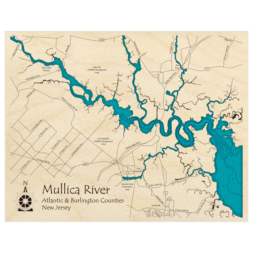 Bathymetric topo map of Mullica River with roads, towns and depths noted in blue water