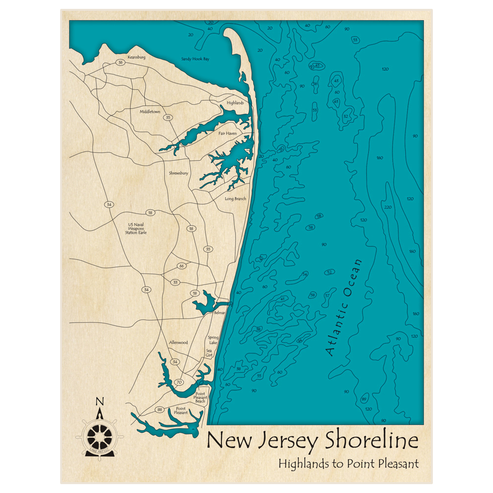 Bathymetric topo map of New Jersey Shore (Highlands to Point Pleasant) with roads, towns and depths noted in blue water
