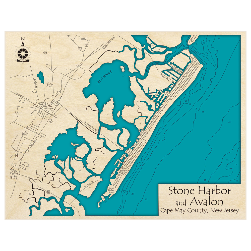 Bathymetric topo map of Stone Harbor and Avalon with roads, towns and depths noted in blue water