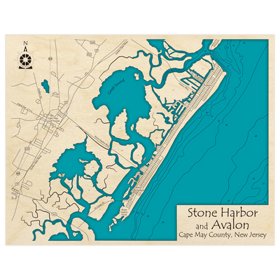 Bathymetric topo map of Stone Harbor and Avalon with roads, towns and depths noted in blue water