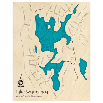 Bathymetric topo map of Lake Swannanoa  with roads, towns and depths noted in blue water