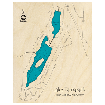 Bathymetric topo map of Lake Tamarack and Summit Lake  with roads, towns and depths noted in blue water