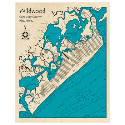 Bathymetric topo map of Wildwood with roads, towns and depths noted in blue water