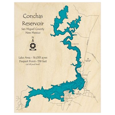 Bathymetric topo map of Conchas Reservoir with roads, towns and depths noted in blue water
