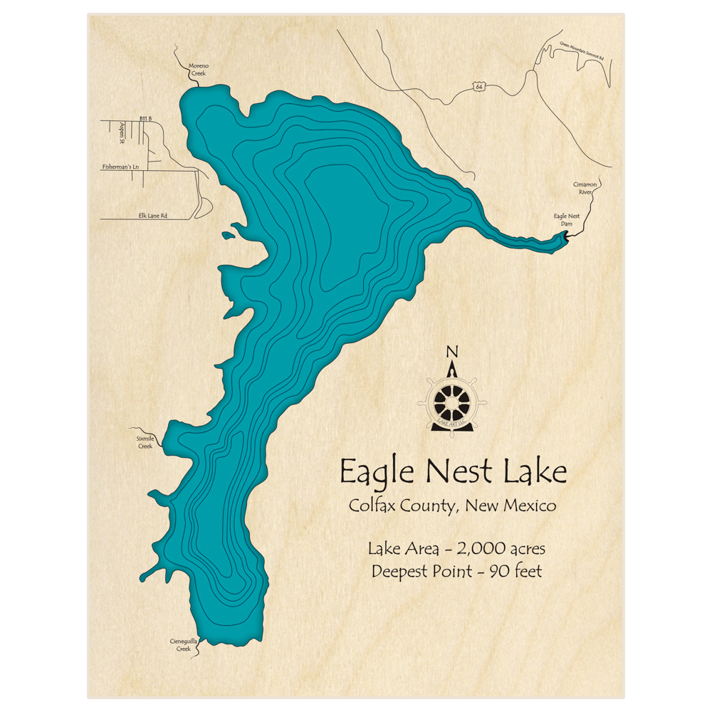 Bathymetric topo map of Eagle Nest Lake  with roads, towns and depths noted in blue water