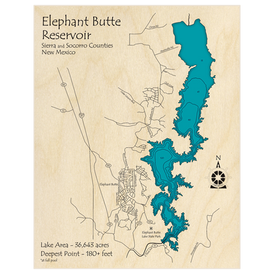 Bathymetric topo map of Elephant Butte Reservoir with roads, towns and depths noted in blue water