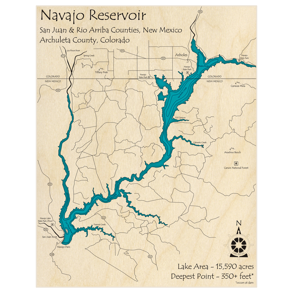 Bathymetric topo map of Navajo Reservoir  with roads, towns and depths noted in blue water