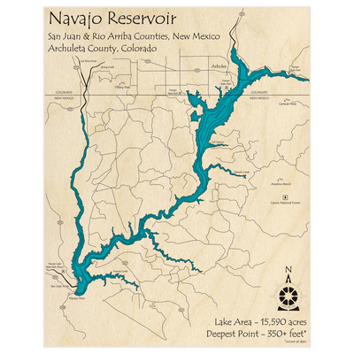 Bathymetric topo map of Navajo Reservoir  with roads, towns and depths noted in blue water