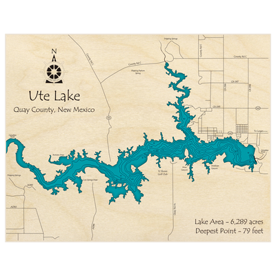 Bathymetric topo map of Ute Lake with roads, towns and depths noted in blue water