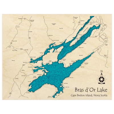Bathymetric topo map of Bras Dor Lake with roads, towns and depths noted in blue water