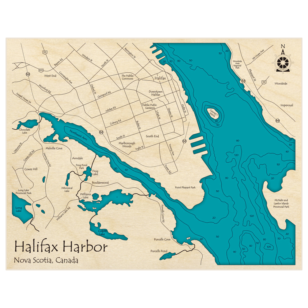 Bathymetric topo map of Halifax Harbor with roads, towns and depths noted in blue water