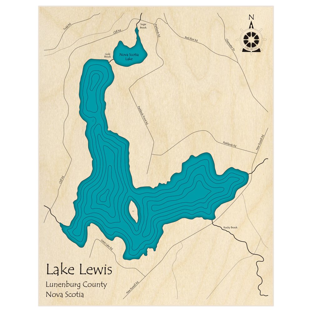 Bathymetric topo map of Lake Lewis  with roads, towns and depths noted in blue water