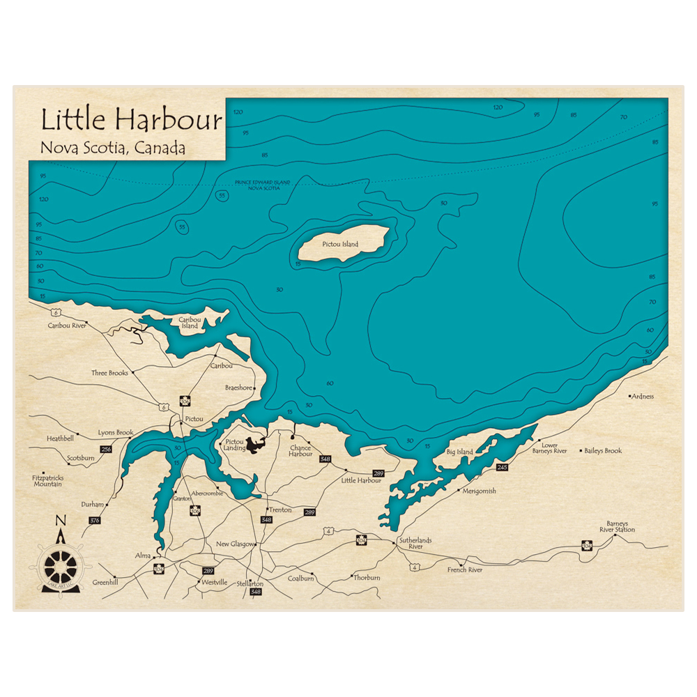 Bathymetric topo map of Little Harbour with roads, towns and depths noted in blue water