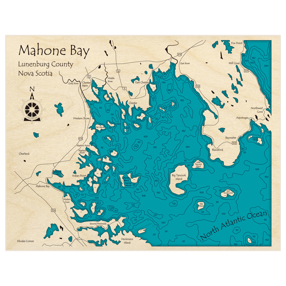 Bathymetric topo map of Mahone Bay with roads, towns and depths noted in blue water