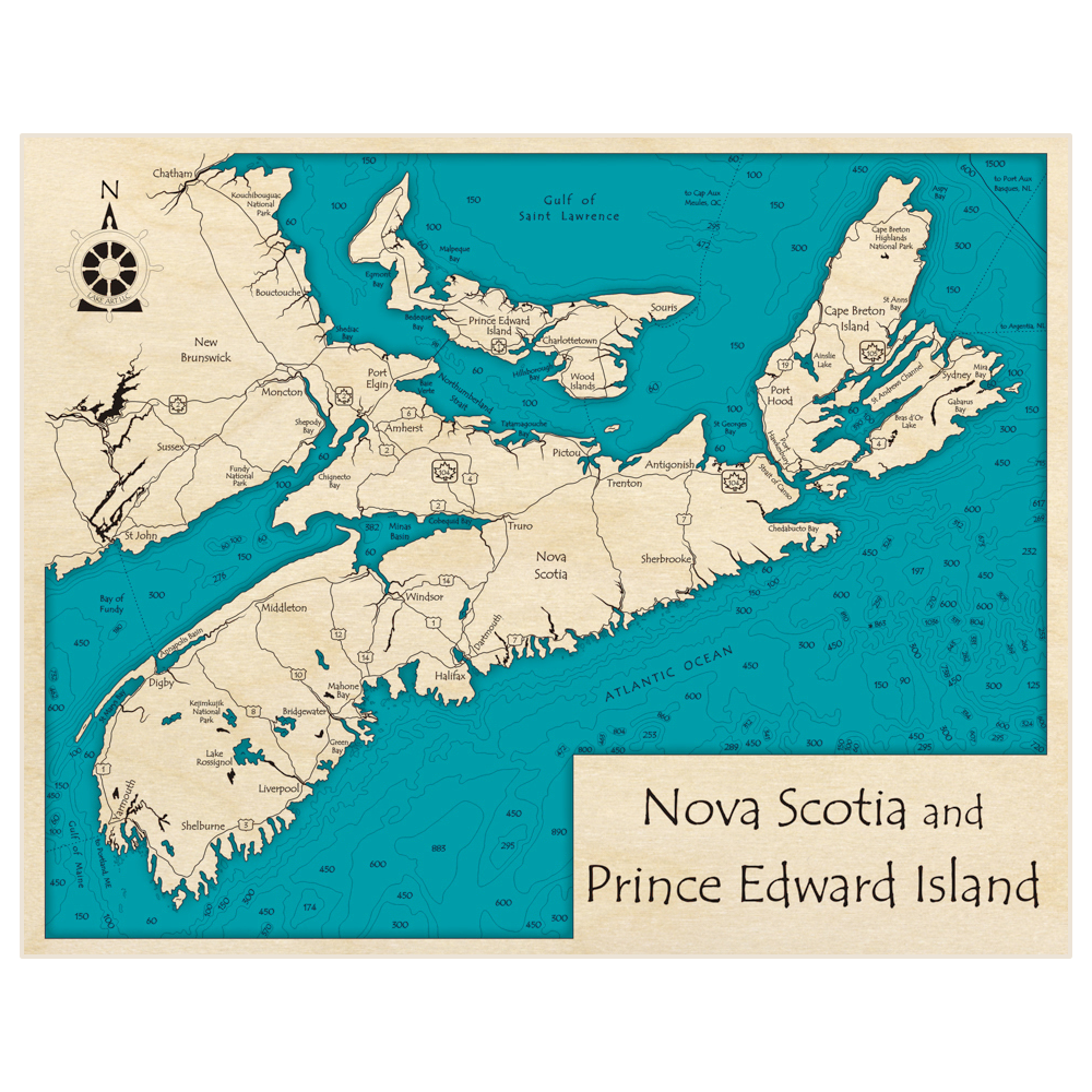 Bathymetric topo map of Nova Scotia and Prince Edward Island with roads, towns and depths noted in blue water