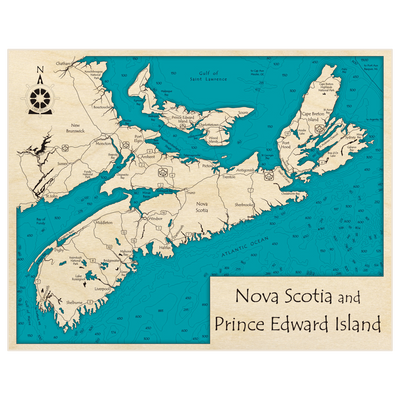 Bathymetric topo map of Nova Scotia and Prince Edward Island with roads, towns and depths noted in blue water