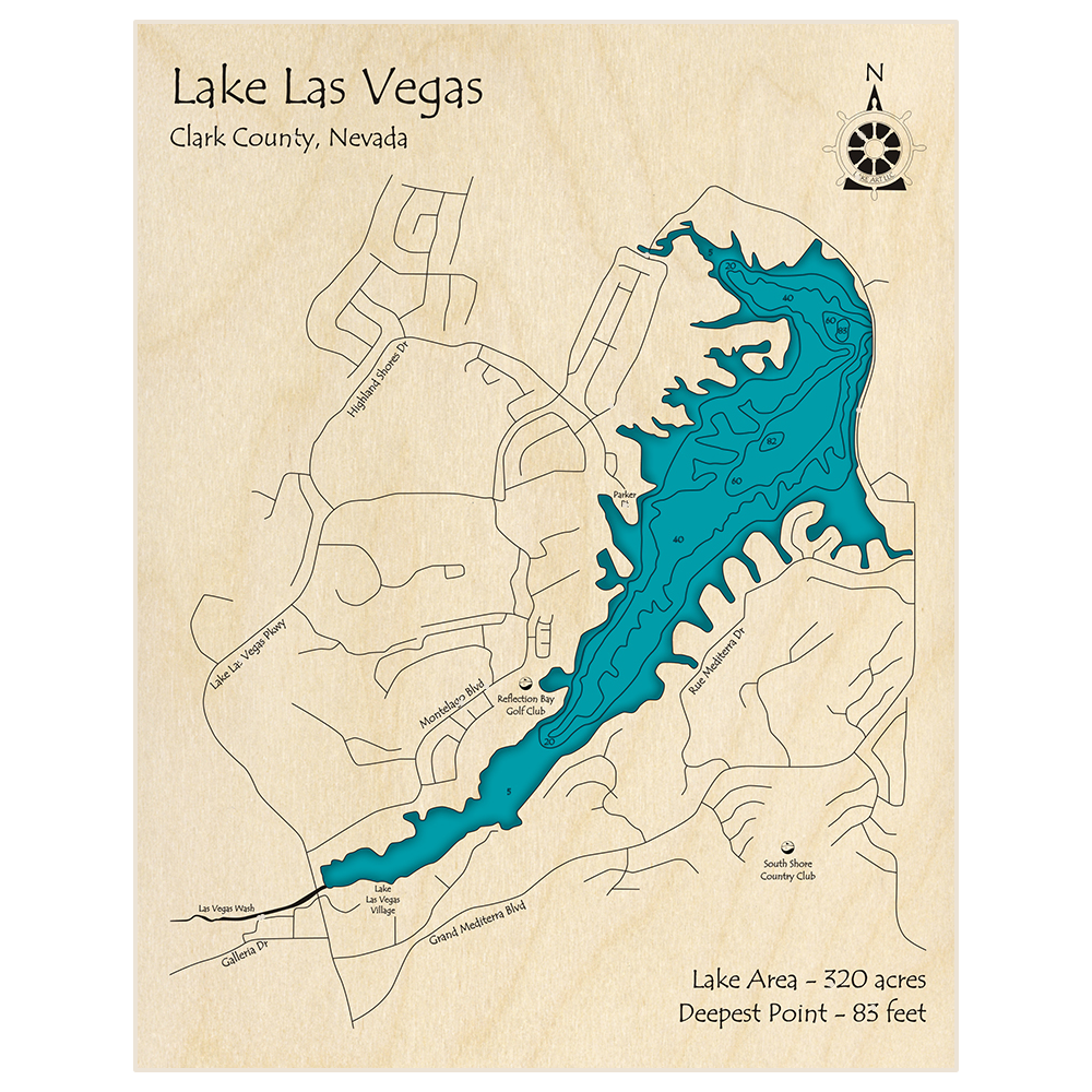 Bathymetric topo map of Lake Las Vegas with roads, towns and depths noted in blue water