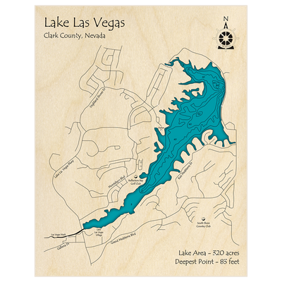 Bathymetric topo map of Lake Las Vegas with roads, towns and depths noted in blue water