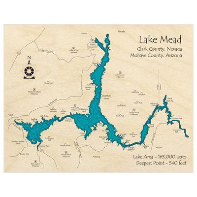 Bathymetric topo map of Lake Mead with roads, towns and depths noted in blue water