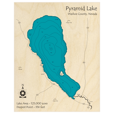 Bathymetric topo map of Pyramid Lake with roads, towns and depths noted in blue water