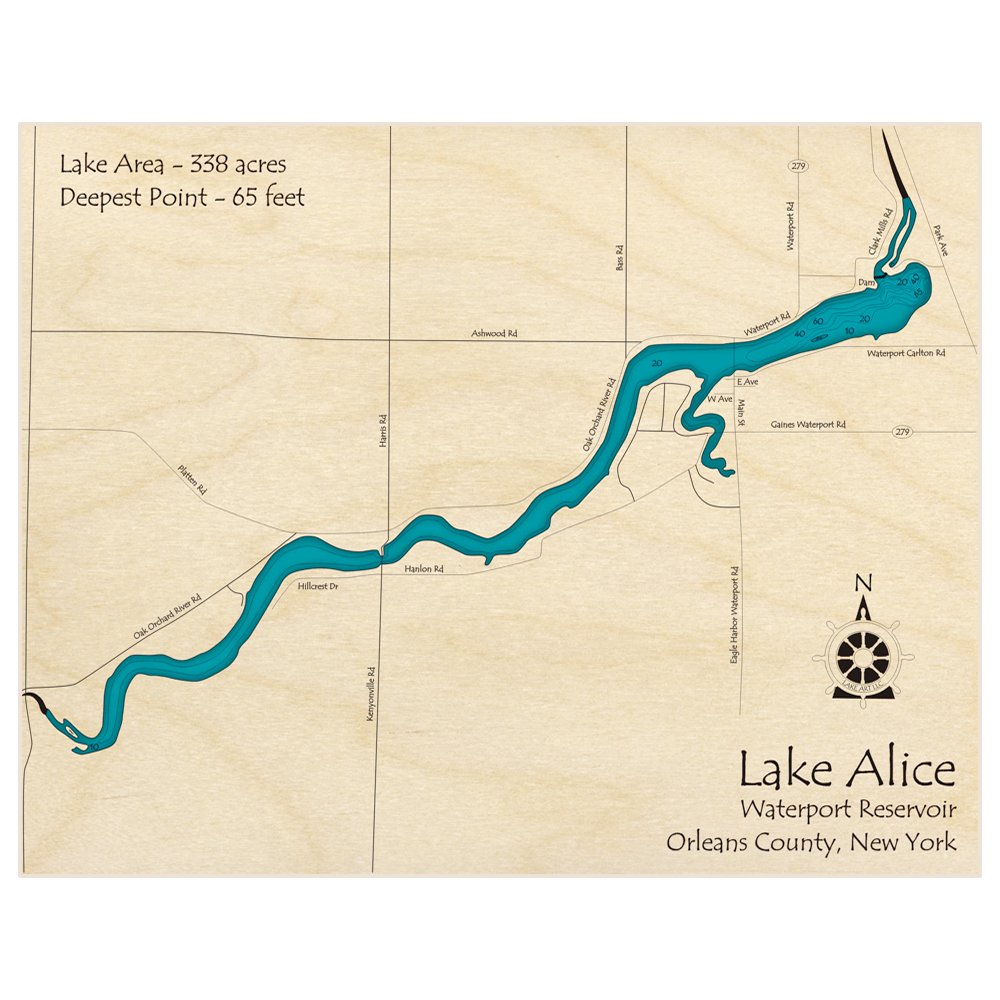 Bathymetric topo map of Lake Alice (entire lake) (Waterport Reservoir) with roads, towns and depths noted in blue water