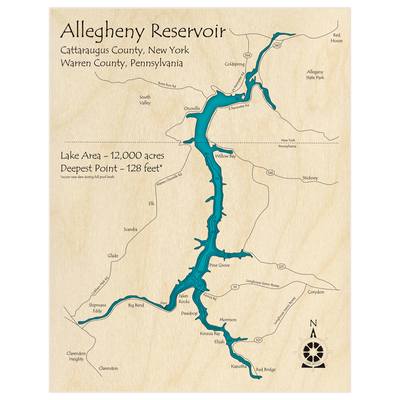 Bathymetric topo map of Allegheny Reservoir with roads, towns and depths noted in blue water